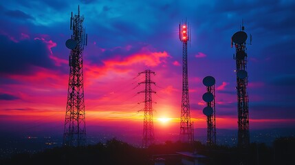 Naklejka premium Telecommunication towers at sunset with a dramatic sky, capturing the powerful silhouette of modern infrastructure against a vivid and intense evening backdrop.