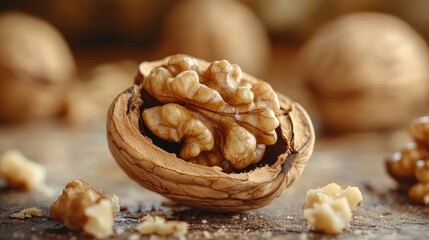 Fototapeta premium Close-up of a walnut with its shell cracked open, revealing its edible kernel.