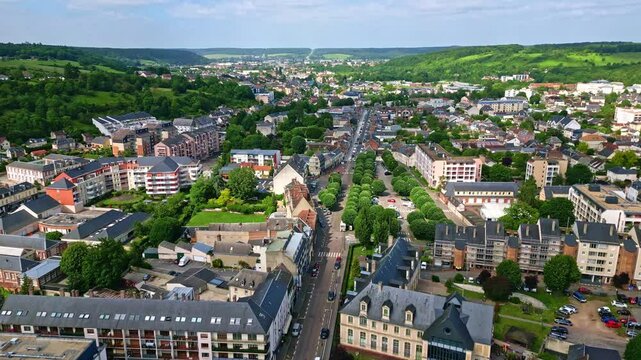 Evreux cityscape, Normandy in France. Aerial forward ascending