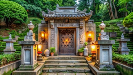 Obraz premium Ancient stone tomb entrance adorned with intricate carvings, lanterns, and a large stone sealing the entrance, symbolizing the sacred burial site of a revered figure.