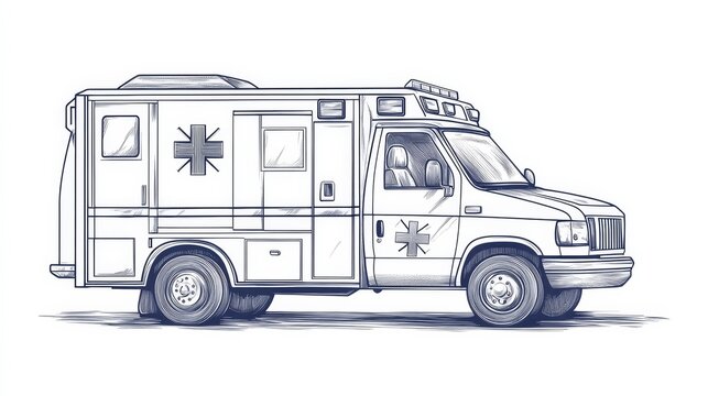 recommend clip art: Continuous line art drawing of an ambulance vehicle, featuring a Red Cross symbol, isolated on a white background.