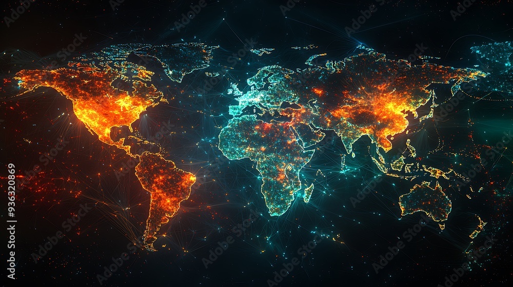 Poster world map with connected lines and city lights, representing the interconnected nature of modern com