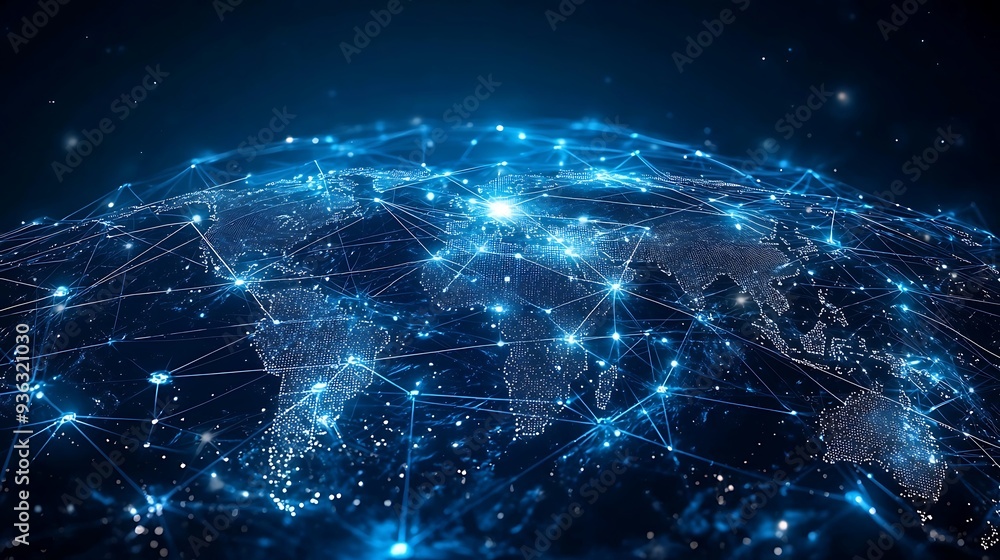 Poster global network connection with digital world, internet technology, abstract background, blue lines, 
