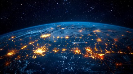 Obraz premium Earth at night with network connections and city lights, capturing the beauty of our planet as seen from space, illuminated by the lights of civilization.