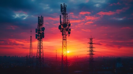 Naklejka premium Cell tower silhouette against a dramatic sunset sky, capturing the power and reach of modern communication technology against a vivid evening backdrop.