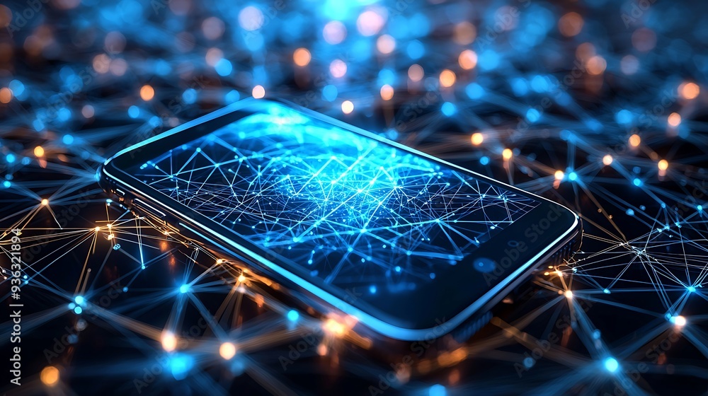 Poster smartphone connected network abstract technology concept, representing the power and reach of mobile