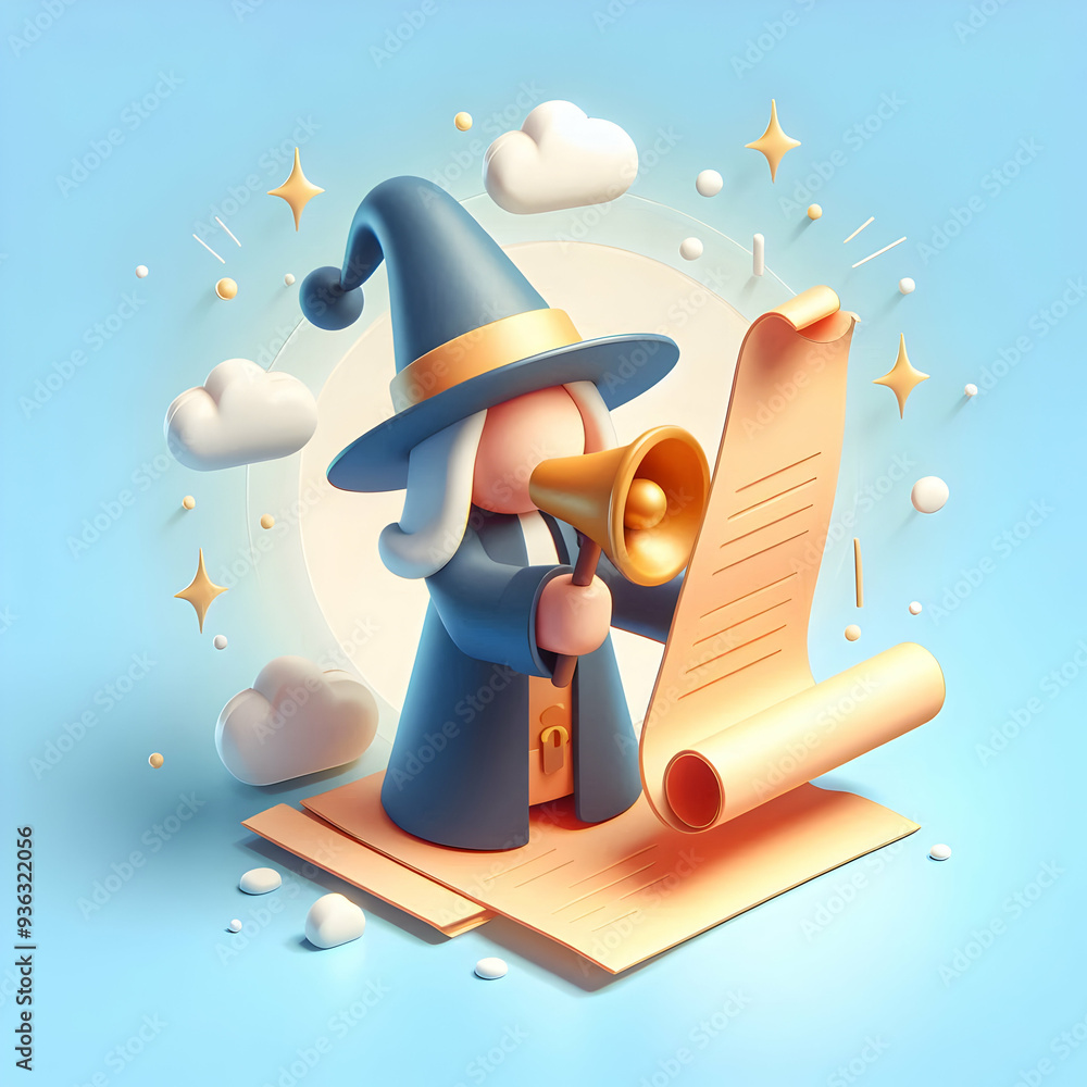Poster 3d flat icon as town crier with bell and scroll concept as an image of a town crier with a bell and 