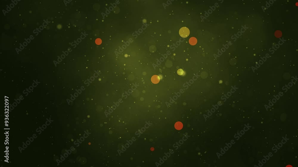 Poster atmospheric abstract green background with floating orange lights and particles - fluid motion with 