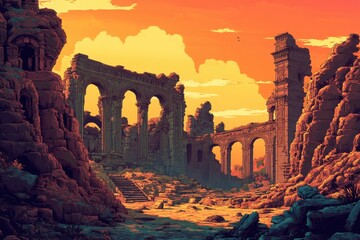 Ruins of an Ancient City at Sunset