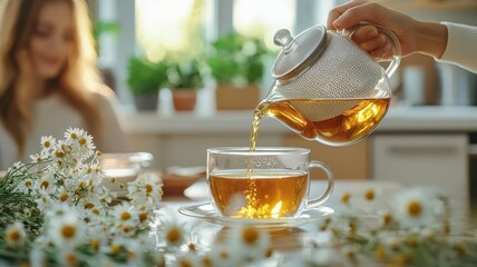 Woman pouring chamomile tea into a cup in a bright kitchen, Chamomile tea, home and wellness