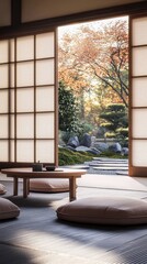 Serene Japanese-style Sitting Area with Shoji Doors and Zen Garden View in Warm Natural Light