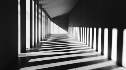 Geometric shapes casting long shadows on a smooth, monochromatic surface, the light source creating a play of angles and minimalistic patterns.