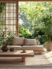 Tranquil Japanese Minimalist Living Room with Zen Garden View