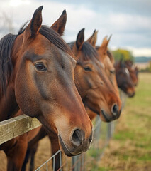 Obraz premium Lineup of horses, horses putting their heads together on a field behind a fence. 
