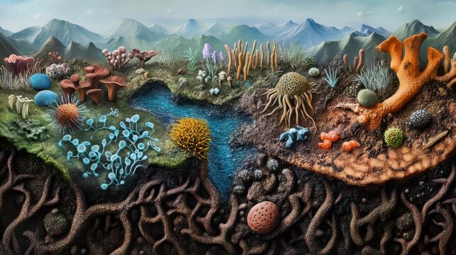 Ecosystem components at a microscopic level, showing interactions between microorganisms in soil or water samples