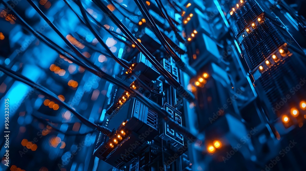 Poster server rack with cables and luminous lights in a data center, representing the intricate and powerfu