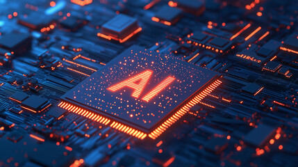 3D rendering of "AI" text on chip with colorful light streaks flying around on a blue background. Evolution and power of artificial intelligence technology in data science. Computer chip circuit.