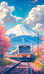 Japanese spring scenery with train painting under mountain. Beautiful landscape with a mountains and cherry blossom sakura trees. 
