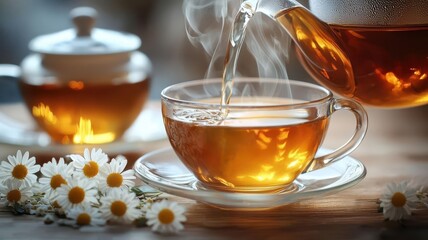 Chamomile tea being poured into a cup with steam rising, Chamomile tea, warm and inviting