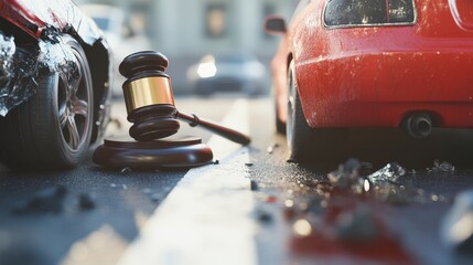 Car crash accident with big gavel on the road. Concept of lawyer services, civil court trial, vehicle accident case study, and insurance coverage.