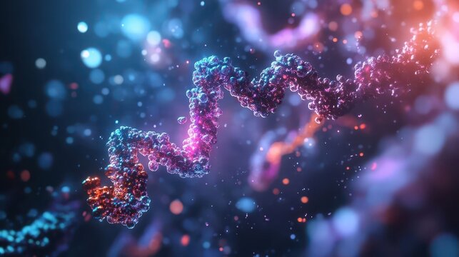 Microscopic visualization of protein synthesis, showing ribosomes translating mRNA into polypeptide chains
