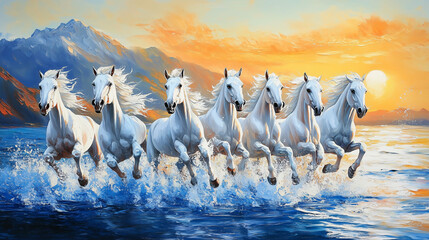 Seven running white horses wall painting mountain morning view background. Majestic and powerful scene with splashing effects. Wallpaper concept.