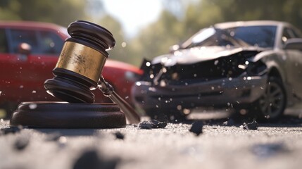 Car crash accident with big gavel on the road. Concept of lawyer services, civil court trial, vehicle accident case study, and insurance coverage.