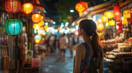 Obraz premium Bustling Night Market in Southeast Asia with Colorful Stalls and Crowds of People Enjoying Street Food and Shopping