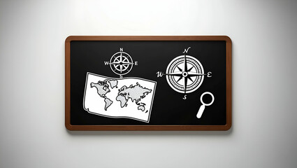 3d Flat icon as Blackboard with Compass and Map concept as A blackboard featuring a compass and a map set against a whimsical background offering ample space for text or graphics symbolizing navigatio