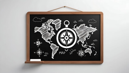 3d Flat icon as Blackboard with Compass and Map concept as A blackboard featuring a compass and a map set against a whimsical background offering ample space for text or graphics symbolizing navigatio