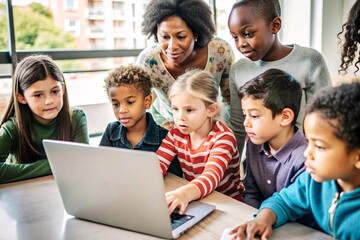 Teacher Guiding Students with Technology. A diverse group of young students gather around a laptop, engaged and learning, under the guidance of a smiling teacher. 