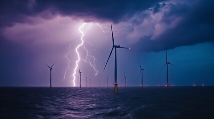 A spectacular lightning bolt strikes the Rampion offshore wind farm in the English Channel, just off the coast of Brighton on the south coast of the United Kingdom
