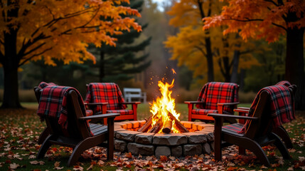 Gathered around a warm fire, four Adirondack chairs invite relaxation amidst vibrant autumn foliage. The atmosphere is calm and inviting in this serene park