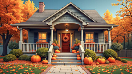 The inviting house features a warm red door and a front porch decorated with pumpkins and seasonal plants, surrounded by vibrant autumn leaves and trees