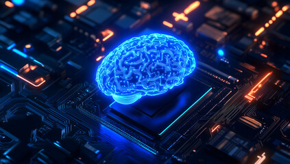 Obraz premium Glowing brain floating electronic circuit board symbolizing concept artificial intelligence machine learning Concept