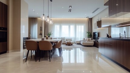 Fototapeta premium Contemporary apartment decor features a spacious kitchen and dining area with an elegant table and chairs. The minimalist living room boasts neutral beige walls, creating a sense of tranquility 