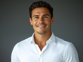 Obraz premium Professional man in a white shirt, cheerful expression as he faces the camera, plenty of copy space on a minimalistic background