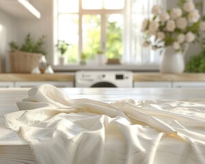 Interior scene, white table with clean tablecloth, laundry room, blurred background, bright lighting, ample copy space for advertisement