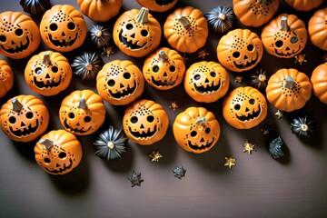 Obraz premium Happy Halloween, flat lay mockup with pumpkins, spiders and skulls on orange background. Autumn holiday concept