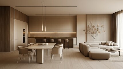 Fototapeta premium Contemporary apartment decor features a spacious kitchen and dining area with an elegant table and chairs. The minimalist living room boasts neutral beige walls, creating a sense of tranquility 
