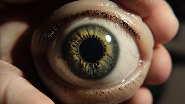 A close-up of a realistic prosthetic eye held in the hands of an ocularist, emphasizing fine details and craftsmanship