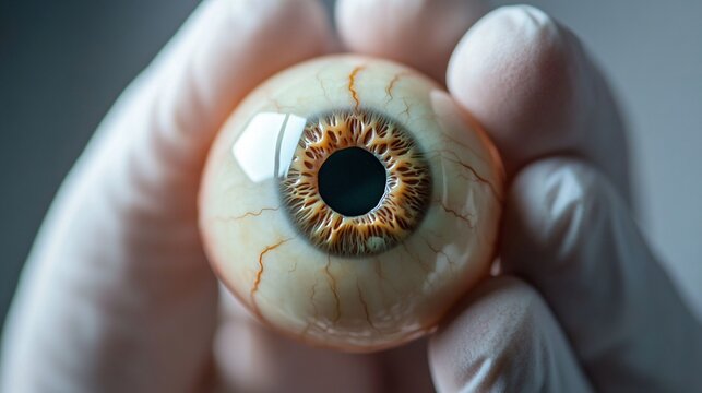 A close-up of a realistic prosthetic eye held in the hands of an ocularist, emphasizing fine details and craftsmanship