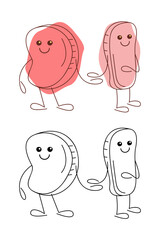Cute beef and pork fillet characters holding hands. Vector hand drawn illustration.