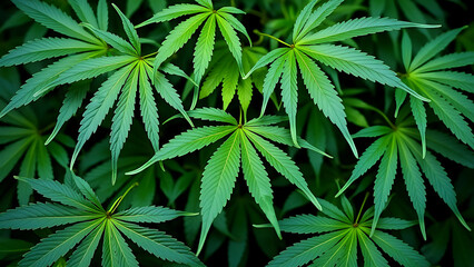 Lush green cannabis leaves fill the frame, creating a vibrant and textured background. Perfect for illustrating articles on marijuana legalization, medical cannabis, or CBD products.