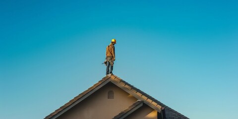 Construction Worker on Roof Against a Blue Sky