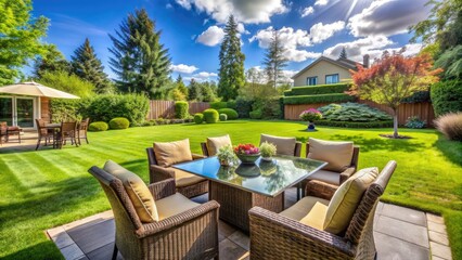 A personless scene of a refreshing backyard oasis with newly cleaned wicker patio furniture, lush green grass, and a sparkling glass tabletop on a sunny day.