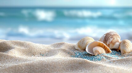 Obraz premium Seashells and starfish on a sandy beach with a clear blue ocean in the foreground and a softly blurred background