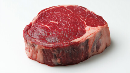 Obraz premium Raw red ribeye steak lying on white background
