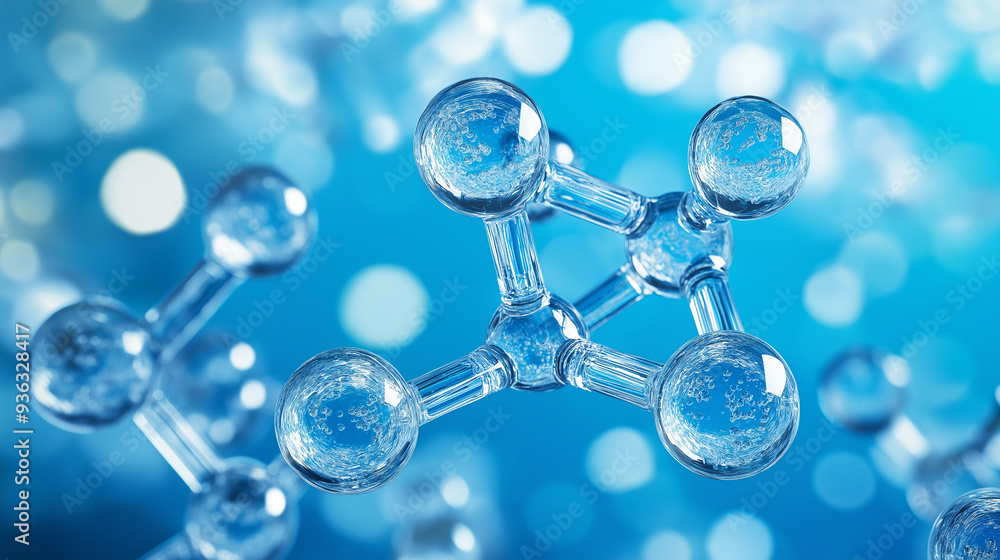 Aufkleber Transparent glass molecule structure floating on a blue background