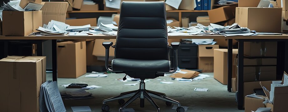A cluttered office scene featuring a black chair surrounded by boxes and scattered papers, capturing chaos and disorganization.